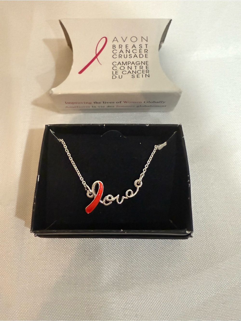 Avon Silver-Tone 'Love' Necklace with Red Ribbon Accent